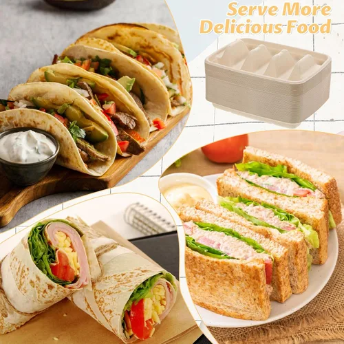 Miniatura 7 de 150 soportes desechables para tacos para fiestas, platos de taco de pulpa de bagazo de primera calidad, platos de tacos con 3 divisores, soporte