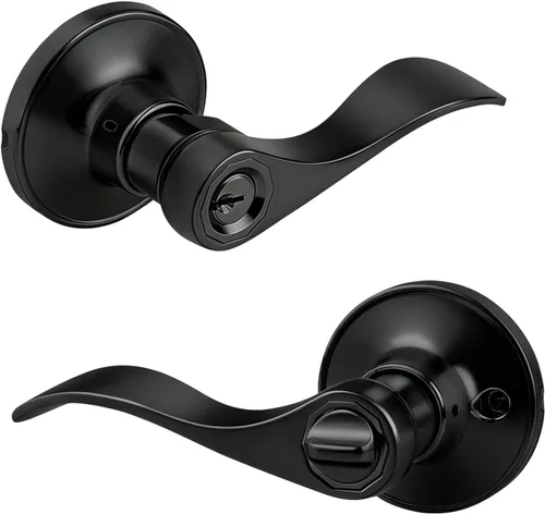 Gobrico Paquete de 1 manija de puerta con llave, estilo onda/gota, perilla negra mate con cerradura y llave para puerta interior exterior