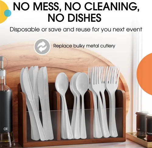 Miniatura 5 de Party Solids Cubiertos de plástico blanco resistentes, 150 piezas desechables de color blanco, juego de utensilios de cocina, 50 de cada tenedor