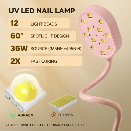 Miniatura 3 de AORAEM Lámpara UV para Uñas, Luz Mini de Cuello de Cisne UV para Uñas de Gel, Lámparas Recargables LED de 36W con 4 Temporizadores y Sensor