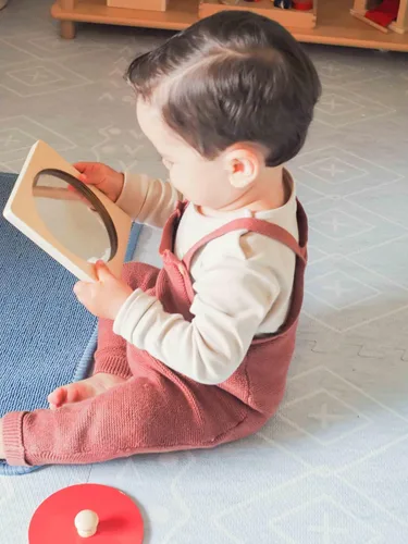 Miniatura 3 de Montessori - Kit de juego de juguetes para bebé, espejo Montessori, rompecabezas de perilla Peekaboo con pomo, tambor giratorio mediano y kit