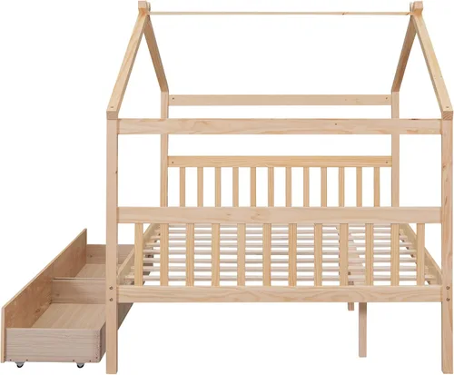 Miniatura 8 de Bellemave Cama de casa de tamaño matrimonial para niños, marco de plataforma Montessori con 2 cajones, cabecera y estribo, almacenamiento de madera