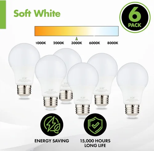 Miniatura 4 de KOR Paquete de 6 bombillas LED A19 de 9 W (equivalente a 60 W), certificación UL, 3000 K (blanco suave), 800 lúmenes, no regulables, bombillas LED