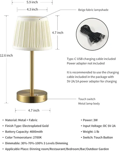 Miniatura 5 de PUSU Juego de 2 lámparas de mesa LED inalámbricas negras, lámpara de cabecera recargable de 4000mAh regulable de 3 vías con pantalla de tela