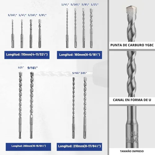 Miniatura 2 de WORKPRO - Juego de 17 piezas de brocas SDS-Plus de martillo giratorio y cinceles, brocas de carburo para mampostería y cinceles para concreto