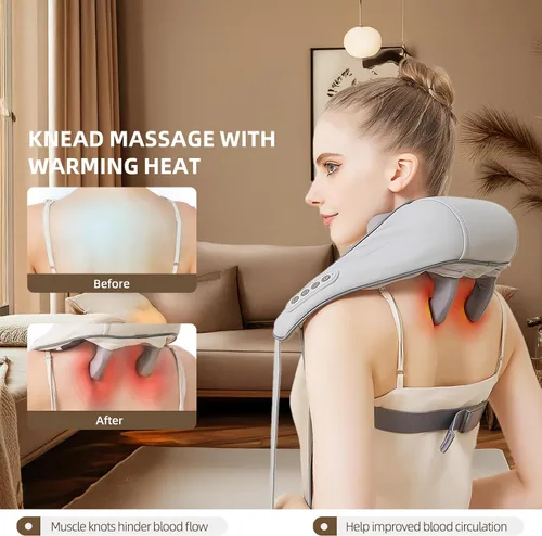 Miniatura 6 de Masajeador Shiatsu inalámbrico de cuello y hombros con calor - Masaje de amasamiento 6D, alivio del dolor de tejido profundo para trapecio, Gris