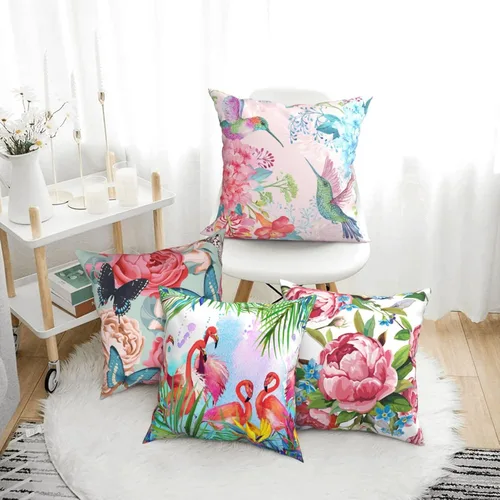 Miniatura 2 de Juego de 4 fundas de almohada de flamencos tropicales y flores rosadas, 18 x 18 pulgadas, diseño de peonías florales de mariposa, fundas de almohada