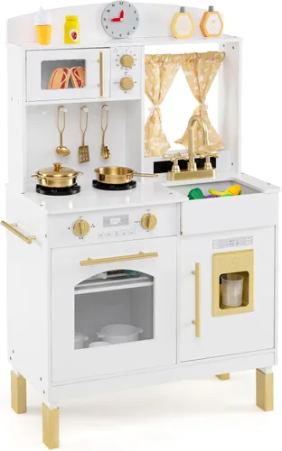 Miniatura 10 de Costzon Juego de Cocina para Niños, Juguetón de Madera de Pequeño Chef con 3 Alturas Ajustables, Barra de Toallas, Cortinas, Microondas, Estufas