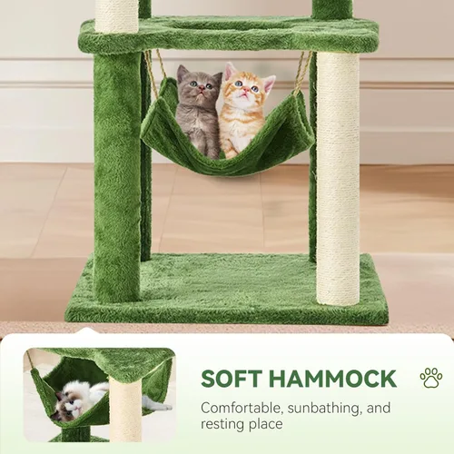 Miniatura 6 de Árbol para gatos de 61 pulgadas con hojas verdes, torre grande de varios niveles con hamaca, casa de felpa para gatos con juguete de bola colgante