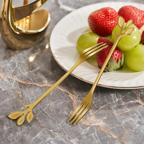 Miniatura 6 de AnSaw Juego de 10 Tenedores de Postre Mini Hoja Dorados - 4.7" Elegantes Tenedores de Acero Inoxidable para Frutas, Aperitivos, Pasteles y Ensaladas