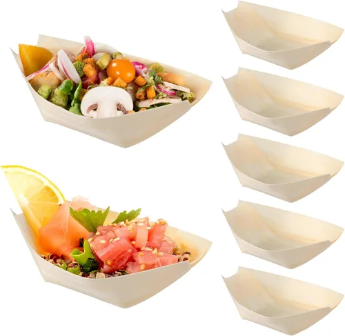 Platos de madera desechables de bambú para barcos de madera, mini sushi, bandeja para servir sushi, bandeja para servir sushi con hojas de bambú,