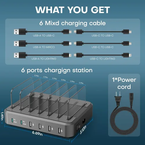 Miniatura 6 de Estación de carga para múltiples dispositivos, 65 W, 6 puertos, estación de carga rápida USB C con 6 cables de carga mixtos, base de carga