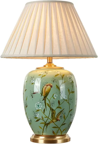 Lámpara de mesa grande de cerámica verde, lámpara de mesa floral vintage para sala de estar, lámpara de mesa oriental de porcelana individual para
