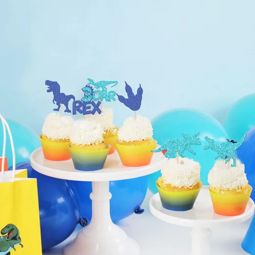 Miniatura 4 de Gyufise 24 piezas de adornos de dinosaurios con purpurina azul 3 Rex Roar Dinosaur Cupcake Picks Three Years Old Dino Theme Baby Shower 3er Birthday