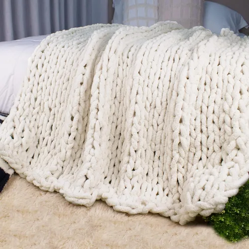 Miniatura 27 de Carriediosa Manta de Punto Grueso 50" x 60", 100% Hecha a Mano, Grande con Hilo de Felpilla en Bucle, Mantas Suaves y Esponjosas para Sofá, Cama