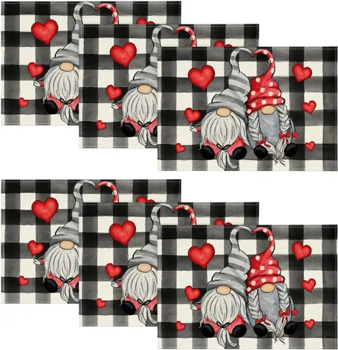 Miniatura 8 de Artoid Mode Juego de 4 manteles individuales con diseño de gnomos y corazones de San Valentín, 12 x 18 pulgadas, para boda, aniversario, primavera
