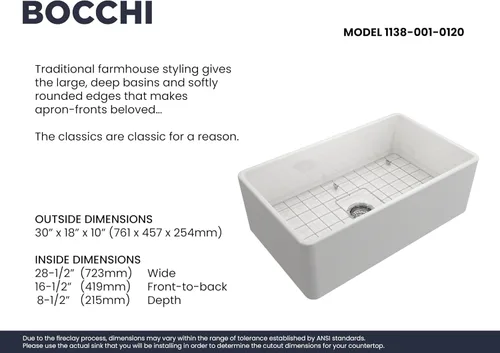 Miniatura 3 de BOCCHI Classico Farmhouse Fregadero de cocina de arcilla refractaria con frente de delantal de 30 pulgadas, un solo tazón, con rejilla protectora
