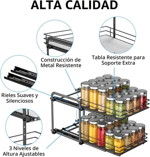 Miniatura 3 de RCHYFEED Organizador de especias para gabinete, 2 niveles extraíbles para armarios interiores y despensa, estante vertical de especias resistente