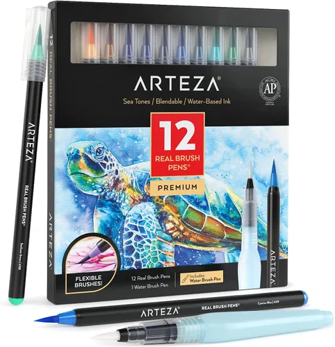 Miniatura 12 de ARTEZA Bolígrafos de pincel real, juego de 12, tonos brillantes, marcadores de acuarela mezclables y 1 cepillo de agua, suministros de arte