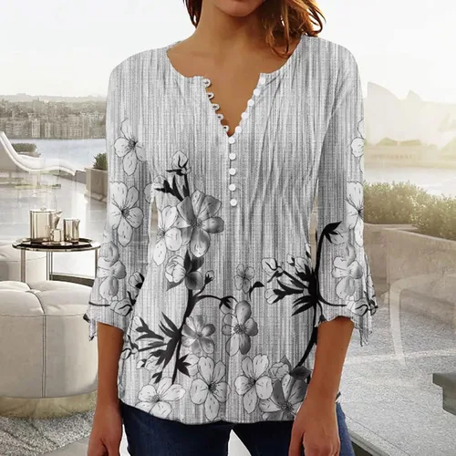 Miniatura 52 de Ceboyel Blusa tipo túnica con estampado floral para mujer, con botones, estilo Henley, con manga de codo, casual, trajes de moda para mujer