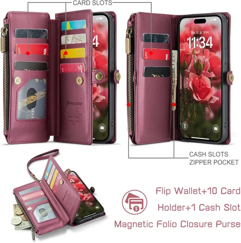 Miniatura 3 de Defencase Compatible con iPhone 15 Plus Funda Cartera con Tarjetero de Bloqueo RFID para Mujeres y Hombres, Cuero PU Cierre Magnético Plegable Rojo