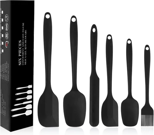 Juego de 6 espátulas de silicona, espátula de cuchara de goma, resistente al calor, diseño de una pieza, espátula sin costuras, raspadores Negro