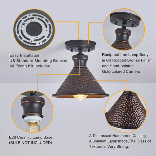 Miniatura 4 de Tarentlight Lámpara de techo industrial semiempotrada de 9.2 pulgadas, pantalla de aluminio fundido con patrón martillado vintage, lámpara clásica 1