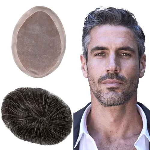 Miniatura 18 de Toupee - Sistema de reemplazo de cabello humano virgen europeo de 7 x 9 pulgadas para hombre, postizo de encaje mono con poliuretano duradero #2