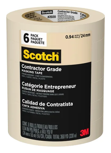 Scotch Cinta de Enmascarar Grado Contratista, 1 Pulgada de Ancho (0.94 pulg. x 60.1 Yardas) 6 Rollos, Remoción Limpia Interior de 3 Días, Se Remueve