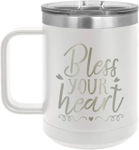 BLESS YOUR HEART Taza de café blanca de 15 oz con tapa deslizante | Taza de café de viaje aislada | Ideas de regalos de cumpleaños o Navidad de