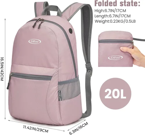 Miniatura 2 de G4Free Mochila Ligera Plegable de 20L para Viajes y Senderismo, Mochila Diurna Plegable para Hombres y Mujeres Rosa