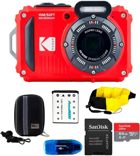 Kodak PIXPRO WPZ2 - Paquete de cámara digital impermeable, incluye: tarjeta de memoria MicroSD SanDisk de 64 GB, batería de repuesto y más (6 Rojo