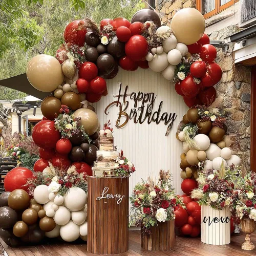 Miniatura 5 de Guirnalda de globos rojos, doble relleno, color rojo oscuro, marrón, borgoña, bronceado, nude, blanco, arena, kit de arco de globos para granja