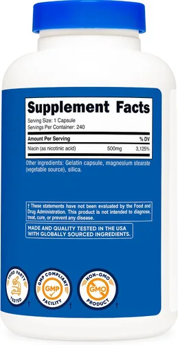 Miniatura 5 de Suplemento Nutricost Niacina de vitamina B3, 0,018 oz, en 240 cápsulas, 1 botella, 1