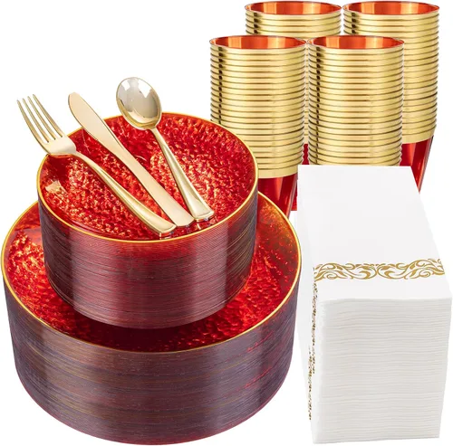 Miniatura 23 de DaYammi Juego de vajilla de plástico dorado transparente de 175 piezas, platos de plástico desechables martillados desechables para fiestas