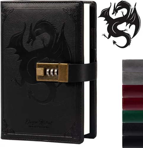 TIEFOSSI Diario de Cuero Dragón, Cuaderno de Tapa Dura, Diario Recargable con Cerradura, Cuadernos de Escritura con Papel Rayado/En Blanco con