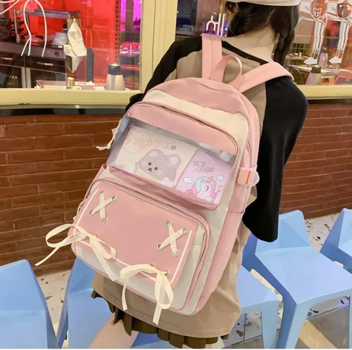 Miniatura 5 de Mochila Kawaii con bonitos accesorios para portátil de 15.6 pulgadas, mochila de viaje casual, bolsa estética para regalo de nuevo semestre, 01-rosa