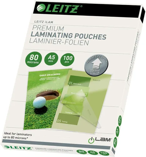Leitz 749200000 - Bolsas laminadoras hechas de material grueso de 80 micras (transparente, brillante, A5 y UDT) - Paquete de 100