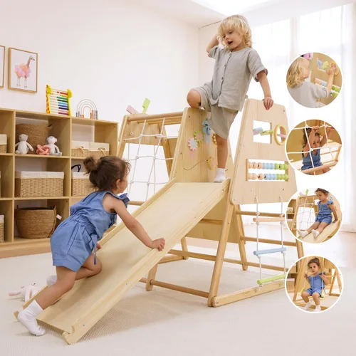Miniatura 3 de Avenlur Cherry - Escalador de madera 5 en 1 para interiores, gimnasio Montessori para niños pequeños con tobogán, pared de roca, escalera de cuerda