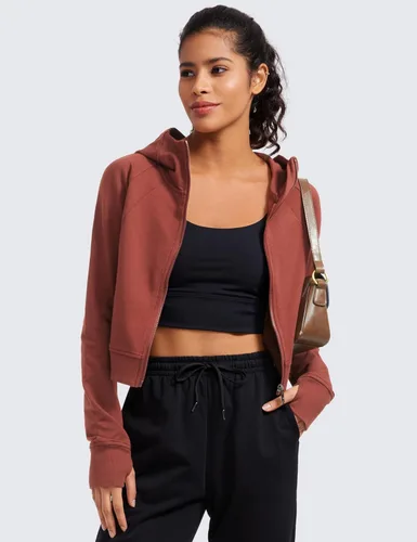 Miniatura 4 de CRZ YOGA Sudadera corta con capucha de forro polar con cremallera para mujer, para entrenamiento, atlética, casual, manga larga, con agujeros
