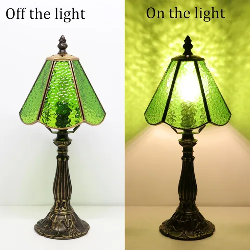 Miniatura 4 de Small Tiffany Table Lamp Grass Green Rippled Stained Glass Desk Lamps 6X6X14 Inch Bronze Resin Base Antique Mini Accent Light