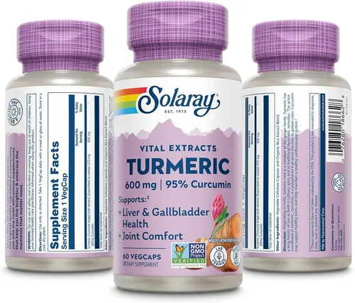 Miniatura 7 de SOLARAY Suplemento de cúrcuma de 600 mg - Raíz de cúrcuma con 95% de curcumina - Suplemento de apoyo articular - Salud de las articulaciones