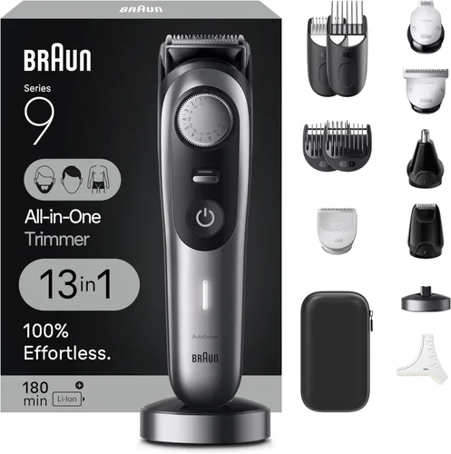 Braun Serie 9 Kit de aseo múltiple todo en uno para hombres, recortadora de barba 13 en 1, peluquería corporal, cortadora de cabello y paisajismo