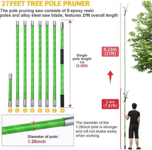 Miniatura 4 de Podadora de poste de árbol de 27 pies, ramas manuales, recortadora de ramas de árbol, herramientas de jardín, sierras de poste de mano, sistema