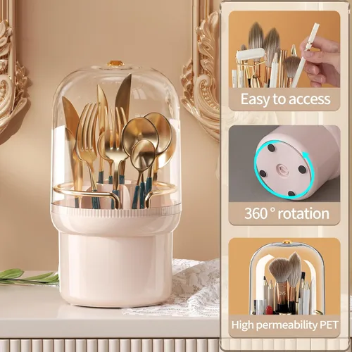 Miniatura 2 de THE LIMIT Caja organizadora de maquillaje giratoria de 360 grados, resistente al polvo, impermeable, 6 compartimentos, soporte para brochas