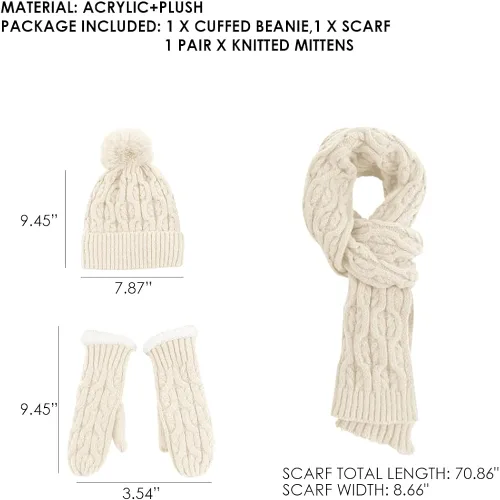 Miniatura 7 de OLizee Conjunto de bufanda y mitones de invierno para mujer, gorro de punto de calavera con pompones de piel sintética