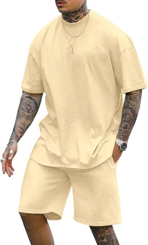 Lexiart Conjunto deportivo de 2 piezas para hombre, casual, pantalones cortos, de verano, de manga corta, de gran tamaño, para hombre