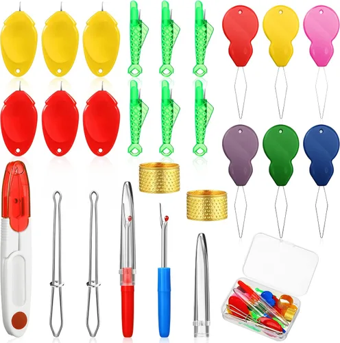 Juego de 26 enhebradores de agujas para máquina de coser a mano, 6 calabazas, 6 pulgares y 6 enhebradores de agujas de pescado, 2 destripadores de
