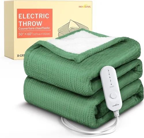 Manta calefactora HOMLYNS LuxeHeat, suave franela sherpa, manta eléctrica con 5 ajustes de calor, calentamiento rápido, manta calefactora con