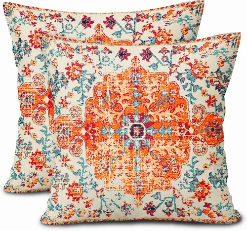Miniatura 24 de Fundas de almohada boho naranja azul 20x20 pulgadas, juego de 2 fundas de almohada estilo bohemio alfombra vintage étnica para sofá, fundas